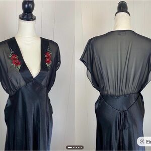 Brand Unknown Vintage 1990’s Black Sheer Chemise with Red Embroidery Size Med